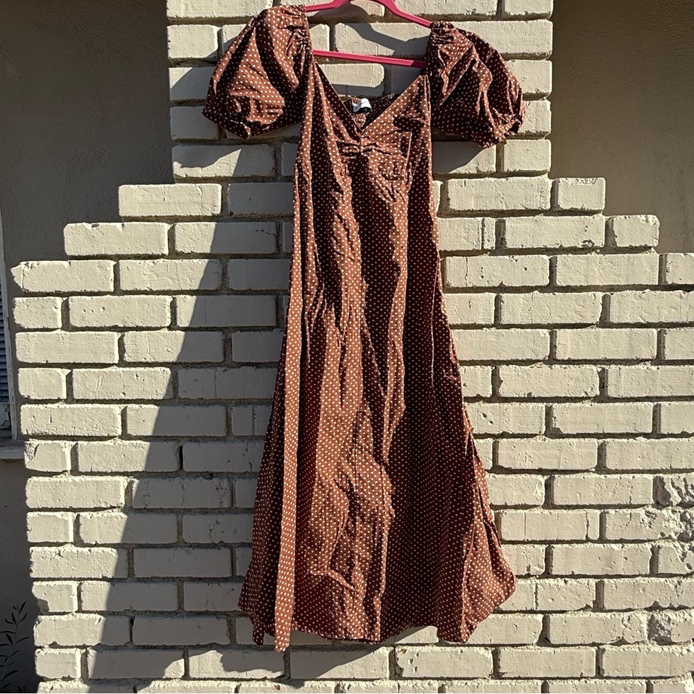 Faithfull the Brand Charlize Midi Dress with Back Ties in Brown Polkadot - XS